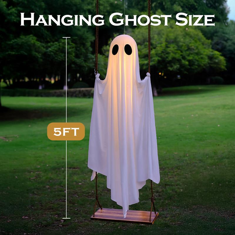 Halloween Decorations Outdoor - 5FT Large Hanging Ghost Swing with Remote Control String Lights, Scary Ghost Halloween Party Decor Outside for Tree Porch Yard Garden Lawn Ornaments halloween decor