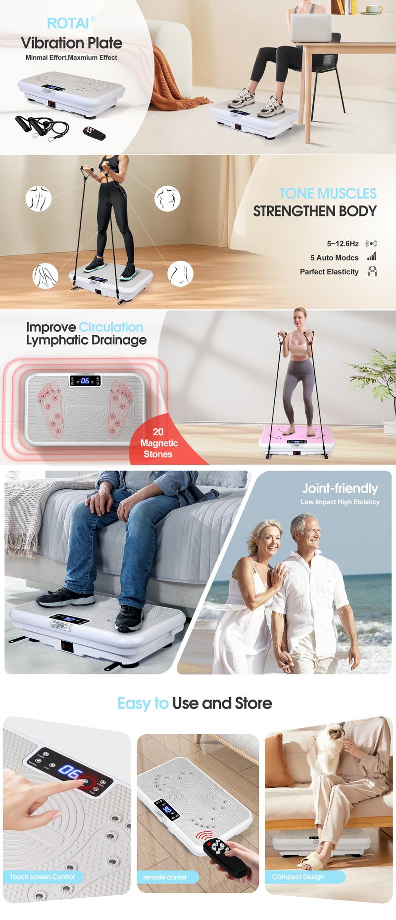 ROTAI Vibration Plate Gym, 300 lbs, Lymphatic Drainage Machine Full Body Workout to Whole Efficient Home Workout with 2 Fitness Resistance Bands Exercise Machine for Whole Body Fitness and Recovery at Home