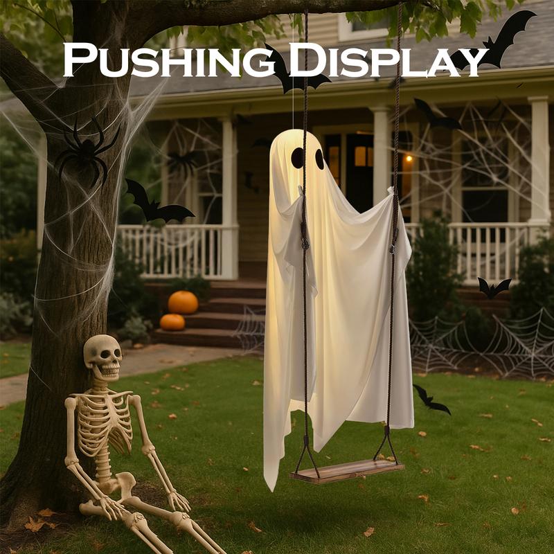 Halloween Decorations Outdoor - 5FT Large Hanging Ghost Swing with Remote Control String Lights, Scary Ghost Halloween Party Decor Outside for Tree Porch Yard Garden Lawn Ornaments halloween decor
