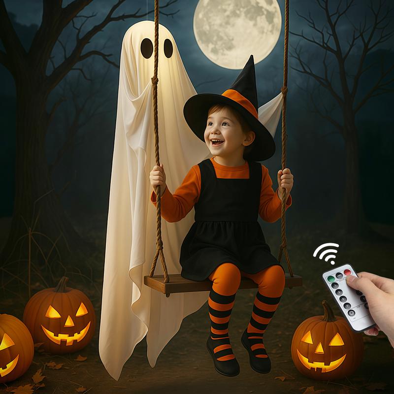 Halloween Decorations Outdoor - 5FT Large Hanging Ghost Swing with Remote Control String Lights, Scary Ghost Halloween Party Decor Outside for Tree Porch Yard Garden Lawn Ornaments halloween decor