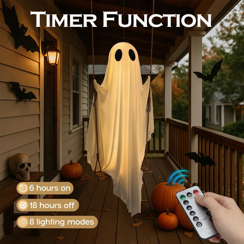 Halloween Decorations Outdoor - 5FT Large Hanging Ghost Swing with Remote Control String Lights, Scary Ghost Halloween Party Decor Outside for Tree Porch Yard Garden Lawn Ornaments halloween decor