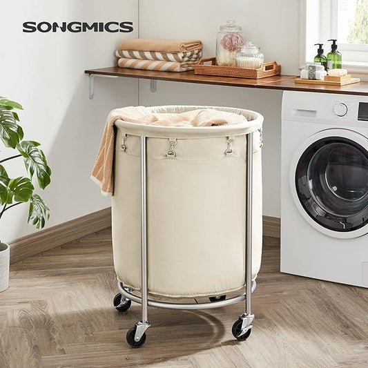SONGMICS HOME Laundry Basket with Wheels, Rolling Laundry Hamper, Round Laundry Cart with Steel Frame and Removable Bag ,Organiser
