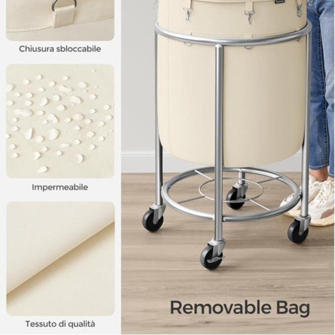 SONGMICS HOME Laundry Basket with Wheels, Rolling Laundry Hamper, Round Laundry Cart with Steel Frame and Removable Bag ,Organiser