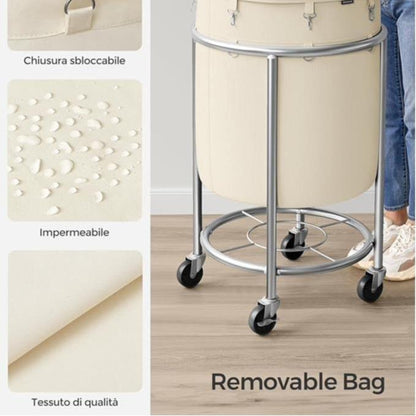 SONGMICS HOME Laundry Basket with Wheels, Rolling Laundry Hamper, Round Laundry Cart with Steel Frame and Removable Bag ,Organiser