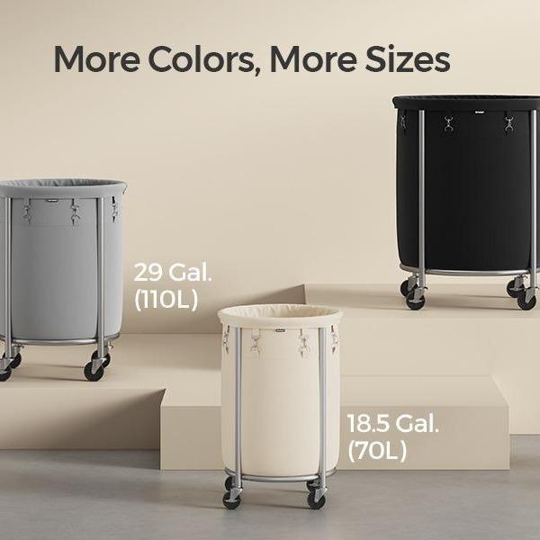 SONGMICS HOME Laundry Basket with Wheels, Rolling Laundry Hamper, Round Laundry Cart with Steel Frame and Removable Bag ,Organiser