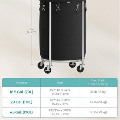SONGMICS HOME Laundry Basket with Wheels, Rolling Laundry Hamper, Round Laundry Cart with Steel Frame and Removable Bag ,Organiser