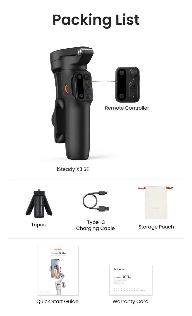 hohem iSteady X3 SE Gimbal Stabilizer for iPhone, Smartphone Foldable Gimbal with Detachable Remote Control, Portable Foldable 3-Axis Phone Gimbal for Android & iPhone 16 15 Pro Max, Ideal for Travel Vlogging