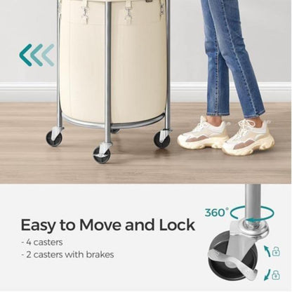 SONGMICS HOME Laundry Basket with Wheels, Rolling Laundry Hamper, Round Laundry Cart with Steel Frame and Removable Bag ,Organiser