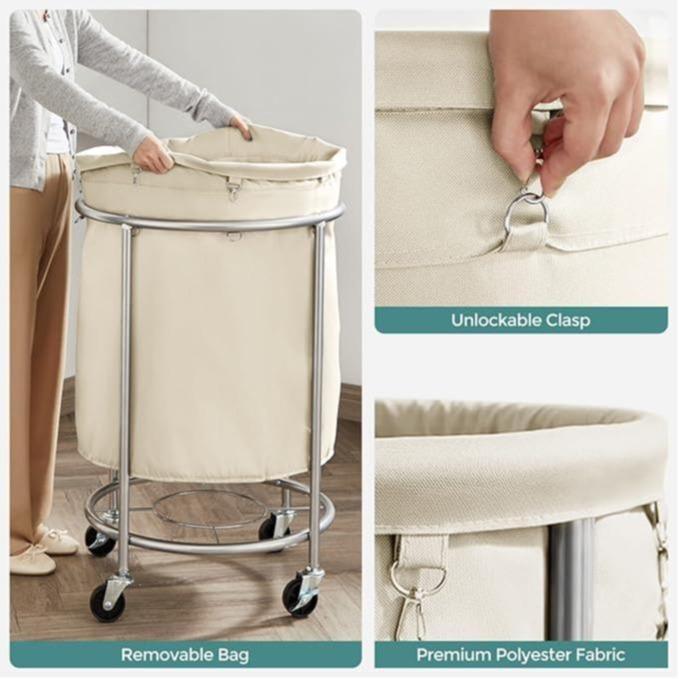 SONGMICS HOME Laundry Basket with Wheels, Rolling Laundry Hamper, Round Laundry Cart with Steel Frame and Removable Bag ,Organiser