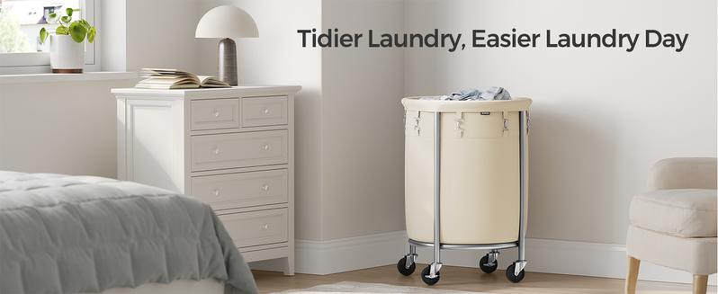SONGMICS HOME Laundry Basket with Wheels, Rolling Laundry Hamper, Round Laundry Cart with Steel Frame and Removable Bag ,Organiser