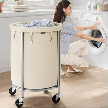 SONGMICS HOME Laundry Basket with Wheels, Rolling Laundry Hamper, Round Laundry Cart with Steel Frame and Removable Bag ,Organiser