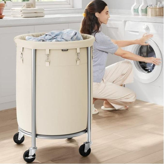 SONGMICS HOME Laundry Basket with Wheels, Rolling Laundry Hamper, Round Laundry Cart with Steel Frame and Removable Bag ,Organiser
