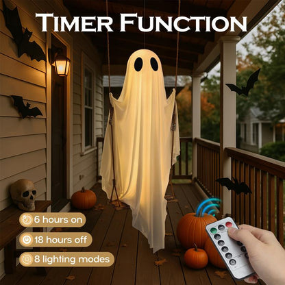 Halloween Decorations Outdoor - 5FT Large Hanging Ghost Swing with Remote Control String Lights, Scary Ghost Halloween Party Decor Outside for Tree Porch Yard Garden Lawn Ornaments halloween decor